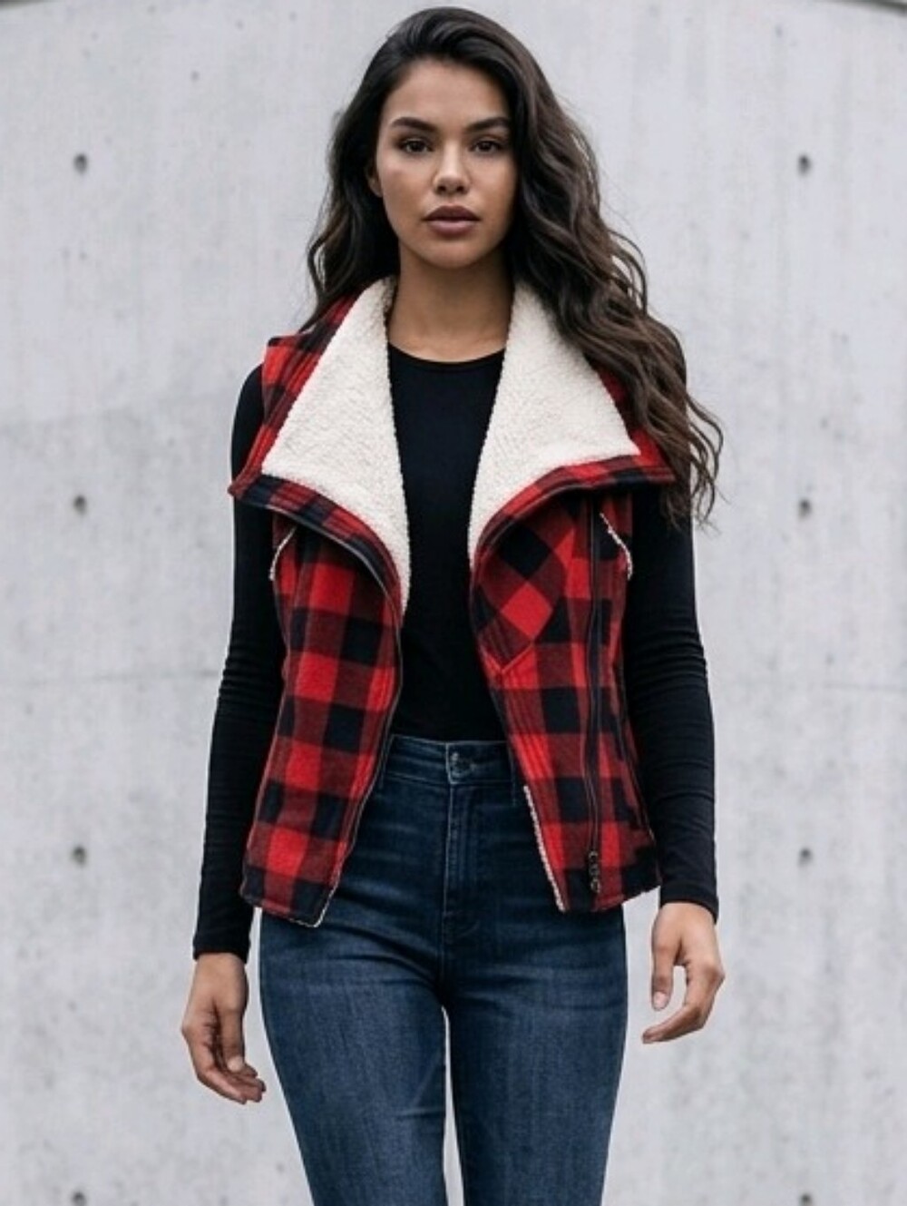 CPurple Clover Sherpa sleeveless plaid zip-up jacket Sz L